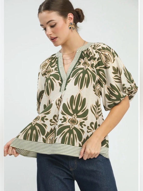Umgee Tops - Umgee Mix Printed Puff Sleeve Top with Contrast Trim 🌿🛍️